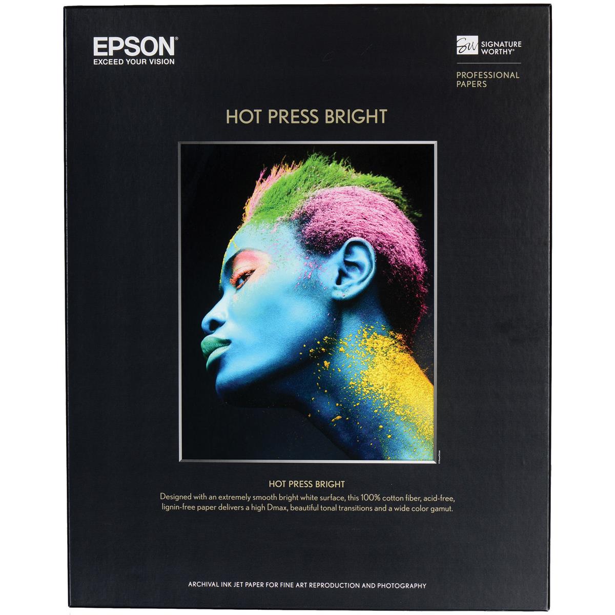 Epson Hot Press Bright Fine Art Smooth Matte Cotton Rag Inkjet Paper, 17 mil., 330 g/m2, 13x19", 25 Sheets